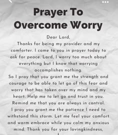 a prayer written in white paper with the words prayer to overcome worry on it's side