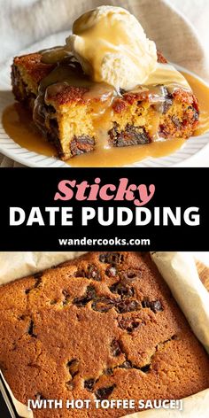 sticky date pudding with hot coffee sauce on top and in the middle, there is a slice