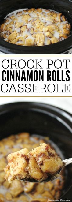 crock pot cinnamon rolls casserole in a slow cooker with text overlay