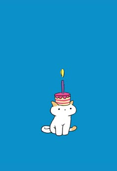 a cat with a birthday cake on it's head sitting in front of a blue background