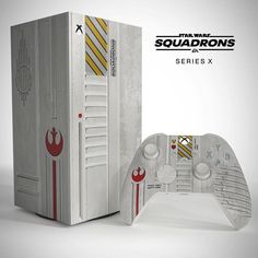 a star wars video game controller next to a box with the logo for squadrons