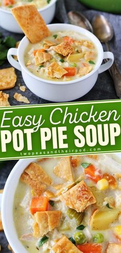 two bowls of chicken pot pie soup with crackers on the side and green sign