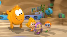 the cartoon characters are standing in front of a giant yellow egg and other small children