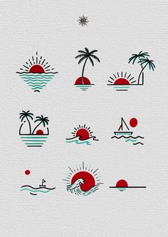 an image of the sun and palm trees in different colors on a white paper background