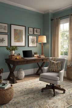 home interior design, interior bedroom design, kitchen designs, living room interior Blue Accent Office, Powder Blue Office, Turquoise Home Office, Home Office Color Scheme, Green Office Decor, House Improvement, Light Colored Furniture