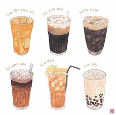 the different types of drinks are shown in this drawing, which includes iced teas and cold beverages