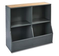 an open shelf with three compartments and a wooden top on the bottom one is grey