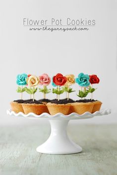 flower pot cookies on a white cake plate