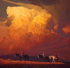 three people riding horses in front of a large cloud with orange and yellow clouds above them