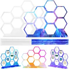 an array of hexagons with different designs on them