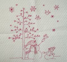 a drawing of two snowmen next to a tree with birds flying around it, on white paper