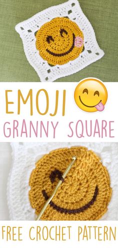 crochet emoj granny square with smiley face on it