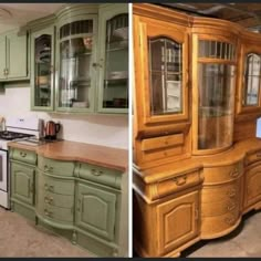 two pictures side by side one has green cabinets and the other has white appliances