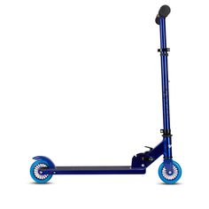 the blue scooter is on display against a white background