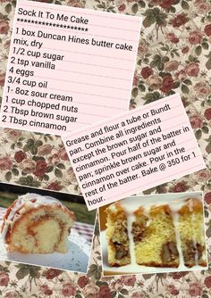 a collage of photos showing different types of cake and instructions for how to bake it