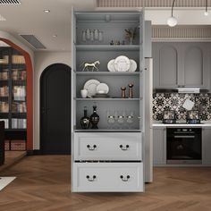 an open bookcase in the middle of a kitchen with white dishes and plates on it