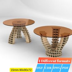 two round tables with wooden bases and glass tops are shown in three different sizes, one is