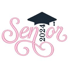 a pink and black graduation cap with the word senior on it in cursive writing