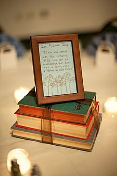 two books stacked on top of each other with a framed photo in front of them