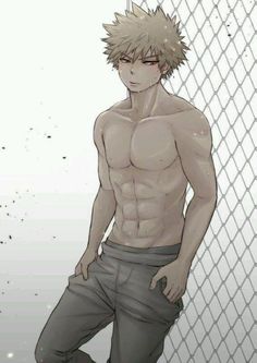 an anime character is standing in front of a fence with his hands on his hips