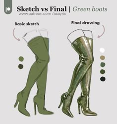 an image of green boots with high heels and heeled shoes on the bottom side