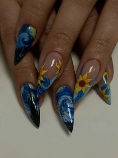 Starry Night Nails Van Gogh, Nail Ideas Witchy, Van Gogh Inspired Nails, Nail Art September, Cool Nail Inspo 2024 Summer, Van Gogh Nail Art, Starry Night Nail Art, Fall Season Nail Designs, Cool Nail Art Designs Unique