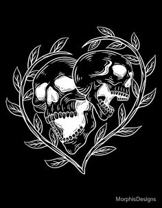 two skulls in the middle of a circle with leaves around them on a black background