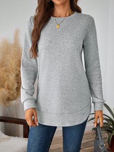 Fall Clothes Women Light Grey Casual  Long Sleeve Knitted Fabric Plain Pullovers Slight Stretch  Women Clothing, size features are:Bust: ,Length: ,Sleeve Length: Women Sweatshirts, Round Neck Sweatshirts, Fall Clothes, Clothes Women, Casual Street Style, White Casual, Fall Outfits Women, Long Sleeve Knit, Long Sleeve Sweatshirts