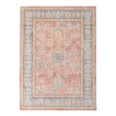 an orange and blue area rug on a white background with floral design in the center