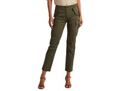 LAUREN Ralph Lauren Cotton Sateen Cargo Pants - Women's Clothing : Dark Tropical Olive : The LAUREN Ralph Lauren Cotton Sateen Cargo Pants keep you comfy and your look stylish. High-rise silhouette. Ankle-length design. Two side snapped-flap cargo pockets. Front knee pleated design. Belt loop waist with buttoned front. Two back pockets with flaps. One side pockets. Two side pockets. 100% cotton. Machine washable. Imported. Measurements: size 8 has an 11.5 rise and a 14.25 leg opening; inseam: 29 Dark Tropical, Cargo Pants Women, Look Stylish, Ankle Pants, Lauren Ralph Lauren, Chambray, Ankle Length, Cargo Pants, Khaki Pants