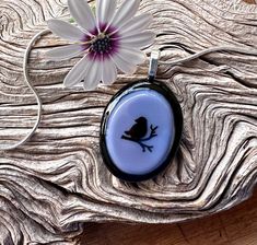 Purple and Black Oval Fused Glass Pendant - Black Bird Decal - Handmade Glass Jewelry - Nature Jewelry - Songbird - Bird Jewelry Jewelry Nature, Black Silhouette, Bird Jewelry, Lilac Purple