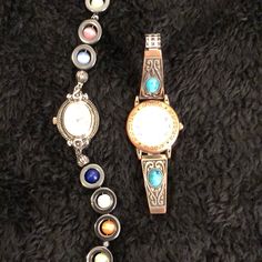 One Watch Is Virtually Unworn (But Dead Battery), Band Is Made Of Rotating Beads, And Has A Typical Watch Clasp. Second Watch Is A Stretch Band, Was Once Silver Plated But Is Now Tarnished; Band Has Synthetic Turquoise Beads. Battery Is Dead. See All Photographs. Watches Are Untested, Assumed That Batteries Are Dead. May Be Restored Or Used For Parts. Watch Clasp, Olivia Burton Watch, Gold And Silver Watch, Christmas Watches, Unique Watches, Gold Face, Blue Watches, Stretch Band, Watches Unique