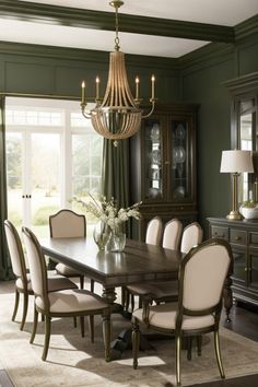 a dining room table with chairs and a chandelier