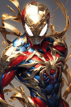 the amazing spider - man artwork is shown in this image, it appears to be made out of gold and red material