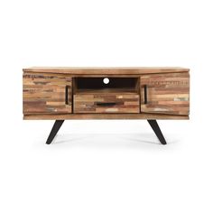 a wooden tv stand with two drawers and black legs