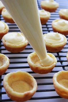 a person pouring icing on some cupcakes