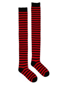 Bring some colorful style to any look with these black and red striped over the knee socks! These fun socks will make your legs stand out every time you wear them. Material: Polyester, spandex Care: Machine wash Imported Winter Striped Knee-high Socks For Stocking Stuffers, Striped Knee-high Winter Socks, Knee-high Striped Winter Socks, Trendy Red Thigh-high Stockings, Striped Knee-high Socks For Stocking Stuffers, Casual Red Thigh-high Stockings, Trendy Red Thigh-high Hosiery, Trendy Red Thigh High Hosiery, Casual Red Knee-high Stockings