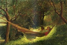 a painting of two people in a hammock by some trees and grass, with one person laying on the hammock