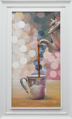 a painting of a coffee cup being poured into it