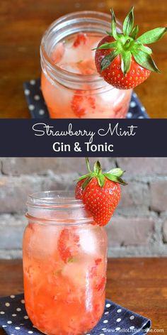 strawberry mint gin and tonic cocktail in mason jars with strawberries on top, sitting next to each other