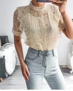 Long Sleeve Loose Blouse, Stand Collar Blouse, Crochet Lace Shorts, Crochet Lace Blouse, Chic Type, Lace Neckline, Lace Short, Guipure Lace, Crochet Blouse