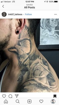 a man's neck is covered in tattoos and has a bird on top of the rose