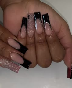 Nail Ideas Black Glitter, Black Trending Nails, Extra Birthday Nails Acrylic, Light Pink Black Nails, Nail Ideas Acrylic Black And White, Birthday Nails Square Black, Black Cute Nails Acrylic, Homecoming Nails Ideas, Black Glitter Birthday Nails