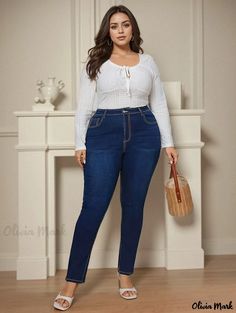 Olivia Mark - Premium Plus Size Womens High Rise Split Hem Jeans with Washed Piping and Button Fly Closure Hem Jeans, Plus Size Jeans, Piping, Split Hem, Deep Blue, Plus Size, Blue