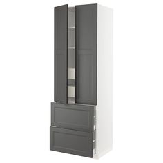 a tall cabinet with two doors on the front and one door open to reveal an empty shelf