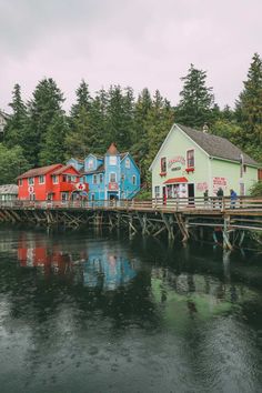 colorful houses line the edge of a body of water in front of a dock and forest