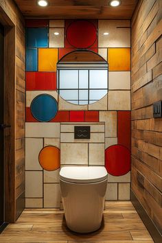 a bathroom with wood paneling and colorful tiles on the wall, along with a toilet