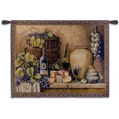 a painting of wine, cheese and grapes on a table with a vase in the background