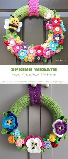 a crocheted wreath with flowers hanging on the front door and side by side