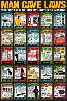 the poster for man cave laws shows different types of signs and symbols, including men's names